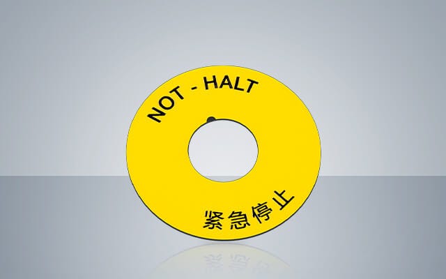 Gelber Not-Halt-Schalterring aus Acryl-Mehrschicht-Kunststoff für die industrielle Anlagenkennzeichnung