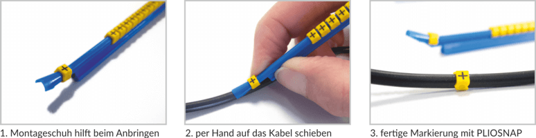 Anleitung zur Montage von Kabelclips: Montageschuh nutzen, per Hand auf das Kabel schieben, fertig.