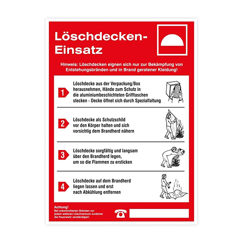 Sicherheitsaushang für den korrekten Einsatz von Löschdecken. 