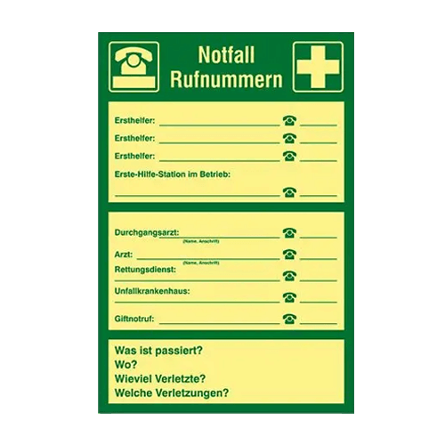 Sicherheitsaushang für Notfall-Rufnummern
