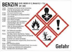 Gefahrstoffetikett Benzin UN 1203 gemäß CLP/GHS