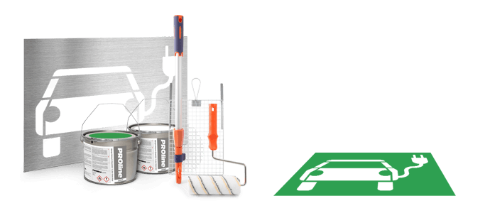 Gesammelte Darstellung der Artikel im Markierungsset zur Herstellung einer geförderten Ladesäule im nicht-öffentlichen Verkehrsraum (Artikel LAD03)