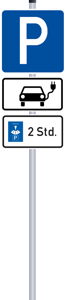 Beschilderung eines Parkplatzes nur für Elektrofahrzeuge mit E-Kennzeichnung und einer Parkdauer von 2 Stunden