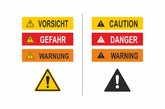 Übersicht Signalwörter Sicherheitszeichen: Vorsicht, Gefahr, Warnung, Ausrufezeichen