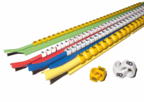 Kabelclips in gelb und wei&szlig; an bunten Kabeln