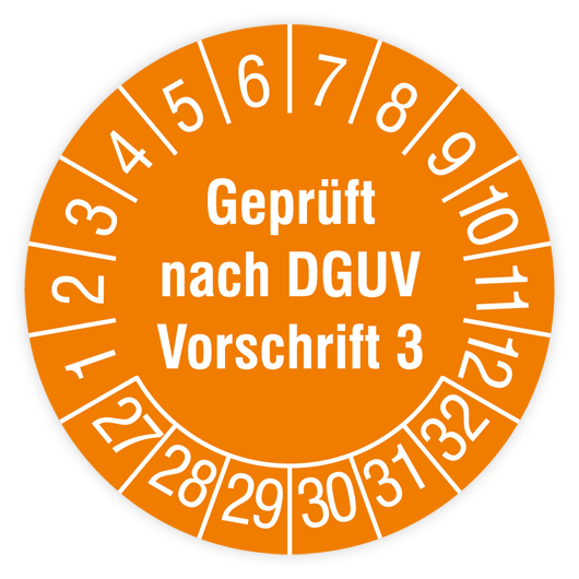 Prüfplakette, Geprüft nach DGUV Vorschrift 3, 2027, Dokumentenfolie, Ø 30 mm, Rolle