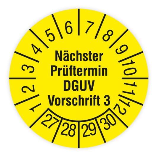 Prüfplakette, Nächster Prüftermin DGUV Vorschrift 3, 2027, verschiedene Ausführungen