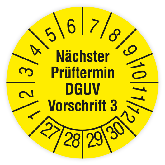 Prüfplakette, Nächster Prüftermin DGUV Vorschrift 3, 2027, Dokumentenfolie, Ø 20mm, Rolle