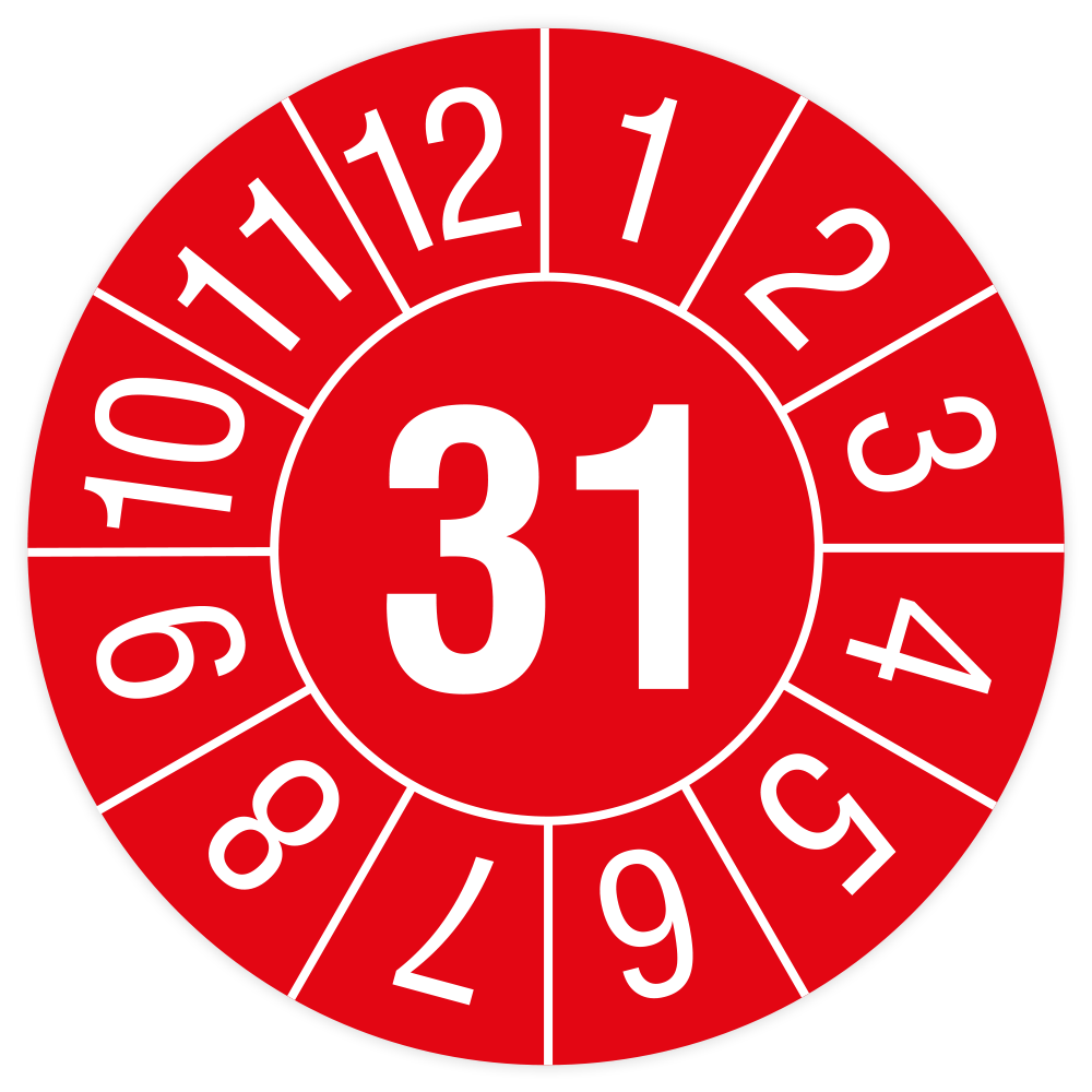 Prüfplakette, Jahr mit Monaten, 2031, Standardfolie, Ø 15 mm, 500/Rolle