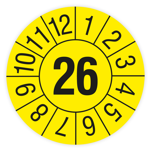 Prüfplakette, Jahr mit Monaten, 2026, Dokumentenfolie, Ø 20 mm, Rolle