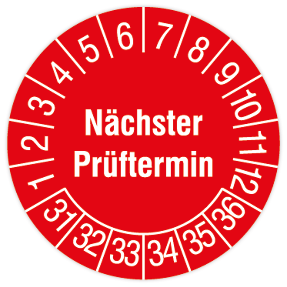 Prüfplakette, Nächster Prüftermin, 2031 - 2036, Dokumentenfolie, Ø 20 mm, 500/Rolle