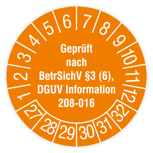 Prüfplakette, Geprüft nach BetrSichv §3 (6), DGUV Information 208-016, 2027, versch. Ausführungen