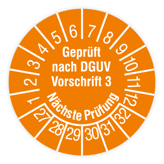 Prüfplakette, Geprüft nach DGUV Vorschrift 3, Nächste Prüfung,2027,Dokumentenfolie, Ø15mm, Bogen