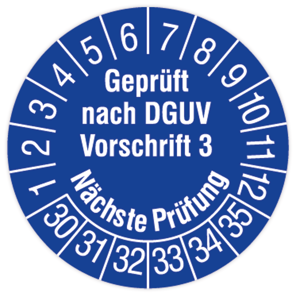 Prüfplakette, Geprüft nach DGUV Vorschrift 3, Nä. Prüfung, 2030 - 2035, verschiedene Ausführungen