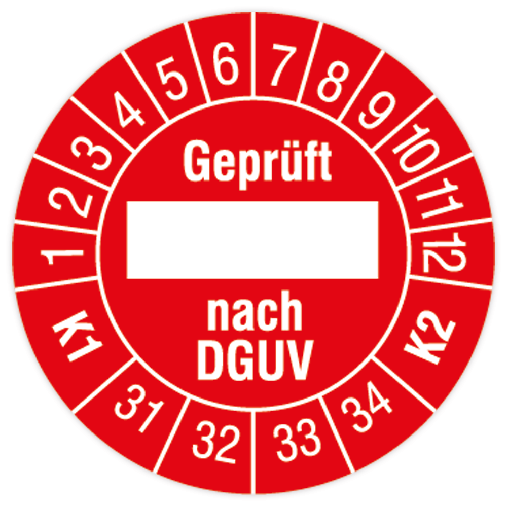 Prüfplakette, Geprüft... nach DGUV, K1/K2, 2031, Standard- /Dokumentenfolie, Ø 30 mm