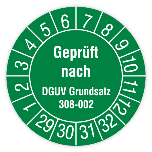 Prüfplakette Hebebühnen, Geprüft n. DGUV Grundsatz 308-002, 2029 - 2032, in verschied. Ausführungen