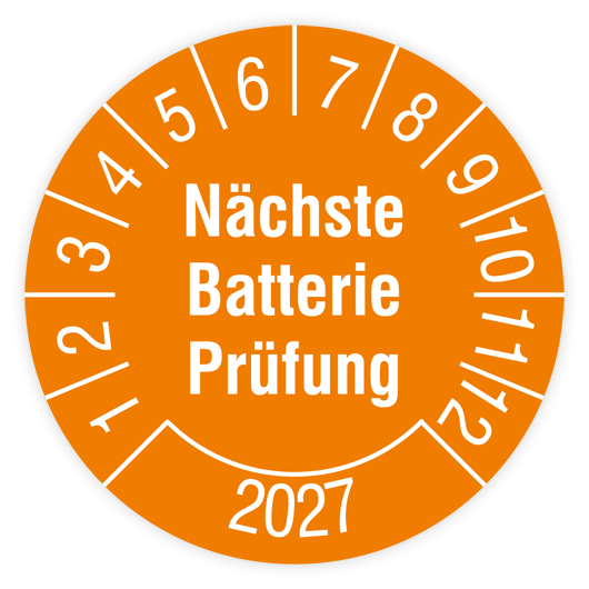 Prüfplakette, Nächste Batterie Prüfung, Jahr 2027, Dokumentenfolie, Ø 30 mm, Heft