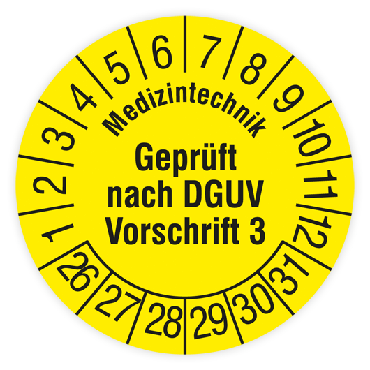 Prüfplakette, Medizintechnik Geprüft nach DGUV Vorschrift 3, 2026, verschiedene Ausführungen