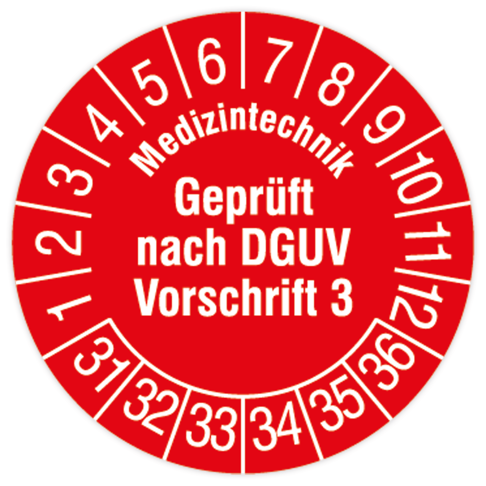 Prüfplakette, Med-Technik Gepr. n. DGUV V3, 2031, Dokumentenfolie mit Oberflächenschutz, Ø 30 mm