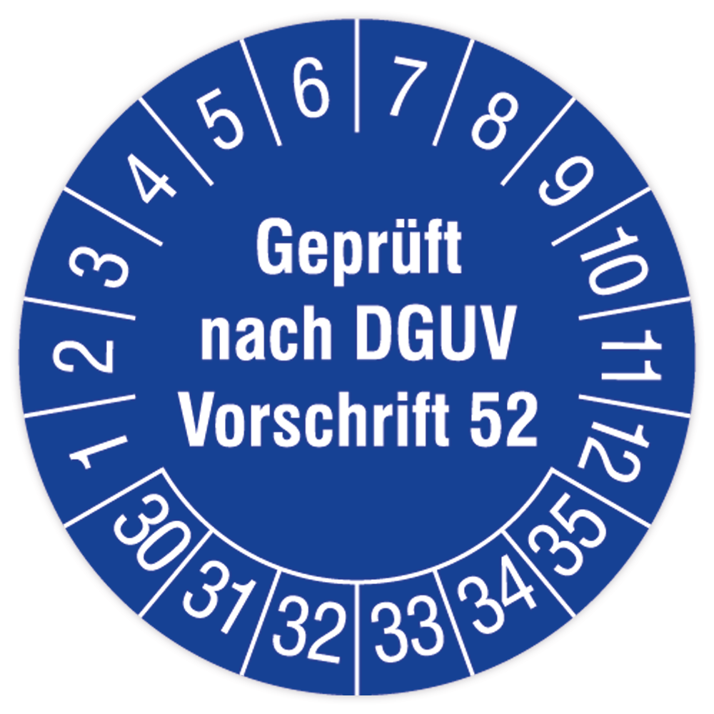 Prüfplakette Krane, Geprüft nach DGUV Vorschrift 52, 2030 - 2035, in verschiedenen Ausführungen
