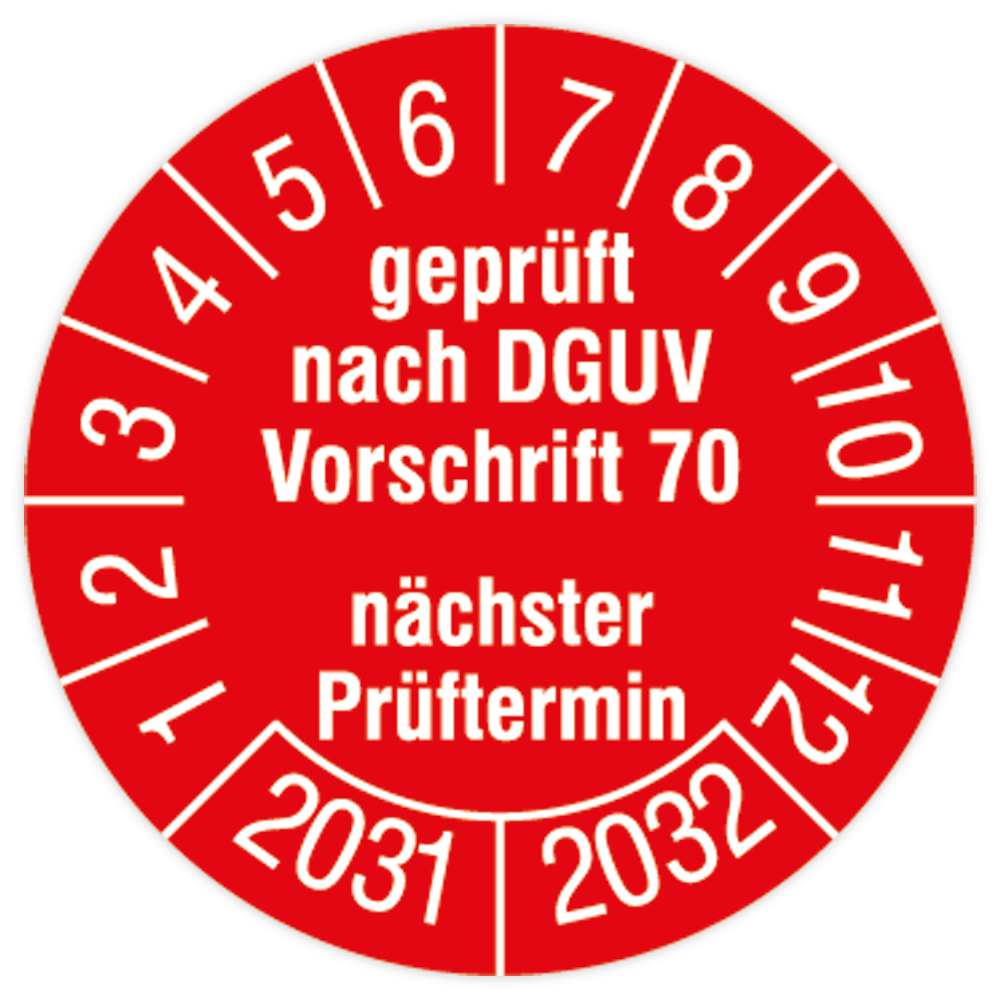Prüfplakette, geprüft nach DGUV Vorschrift 70, 2031, Standardfolie, Ø 30 mm
