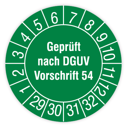 Prüfplakette, Geprüft nach DGUV Vorschrift 54, 2029 - 2032, Standardfolie, Ø 30 mm, Heft