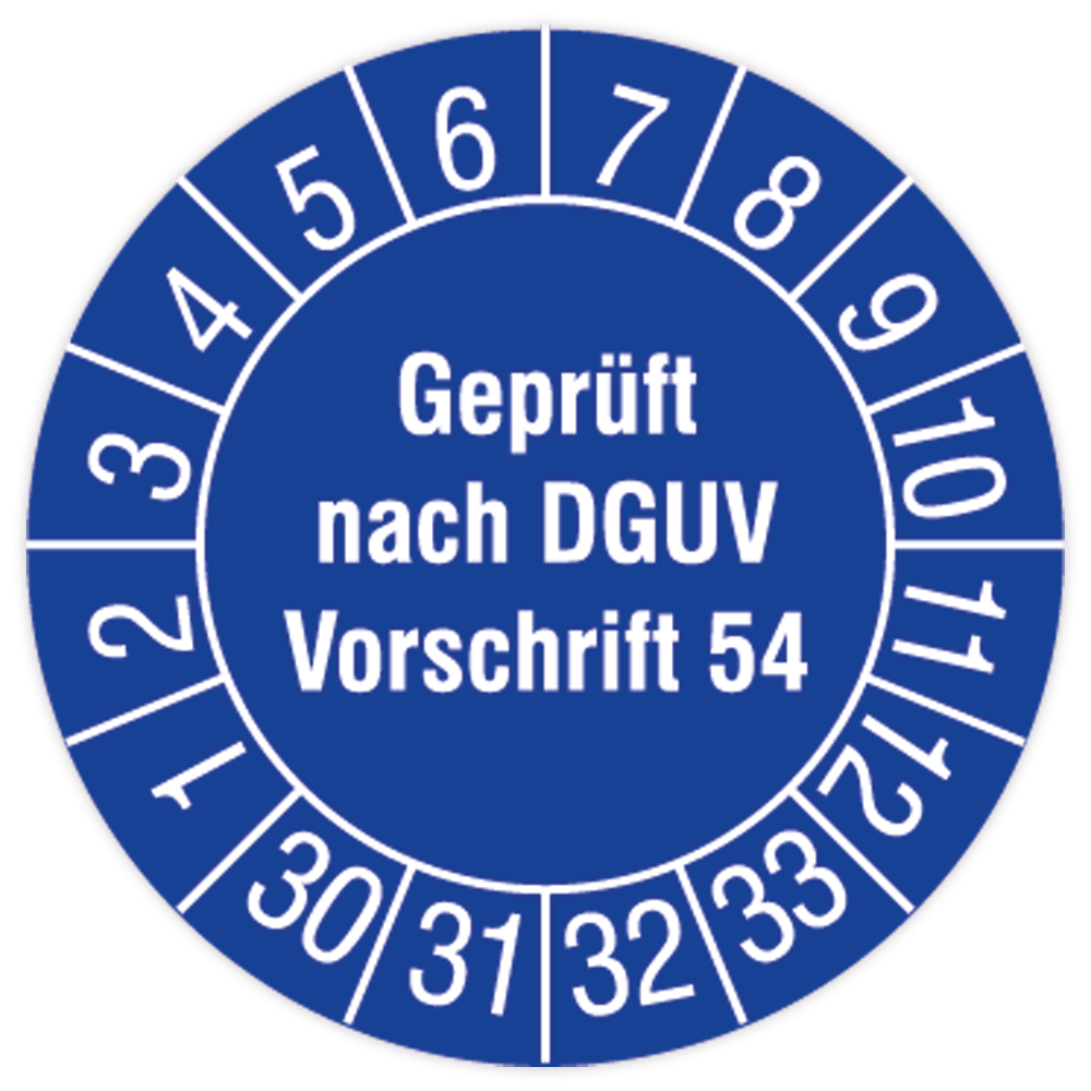 Prüfplakette, Geprüft nach DGUV Vorschrift 54, 2030 - 2033, in verschiedenen Ausführungen