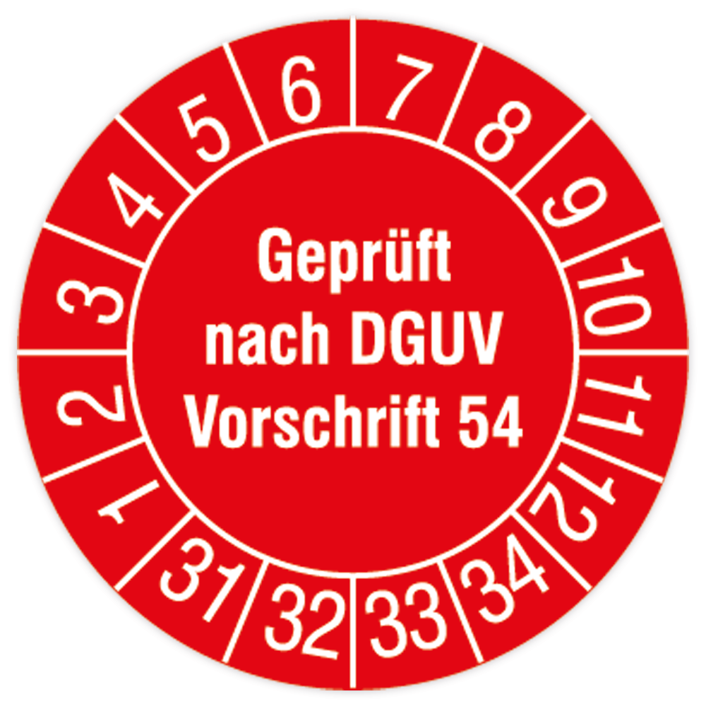 Prüfplakette, Geprüft nach DGUV Vorschrift 54, 2031 - 2034, Standardfolie, Ø 30 mm