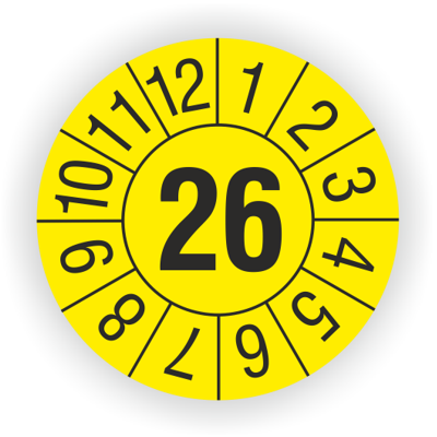 Prüfplakette Jahr mit Monaten, Jahr 2026, Dokumentenfolie, Ø 30 mm, Heft