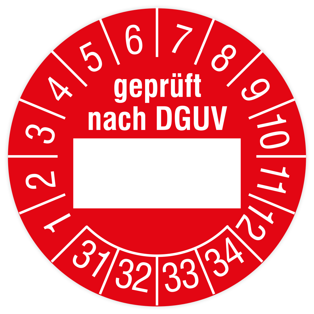 Prüfplakette, Geprüft nach DGUV, 2031 - 2034, Standard- /Dokumentenfolie, Ø 30 mm