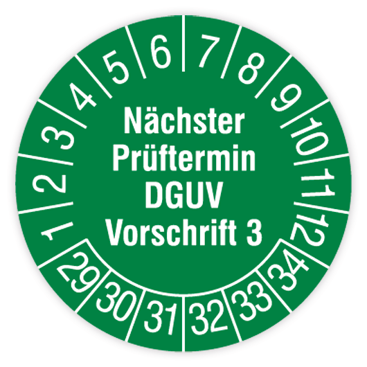 Prüfplakette, Nächster Prüftermin- DGUV Vorschrift 3, 2029 - 2034, in verschiedenen Ausführungen