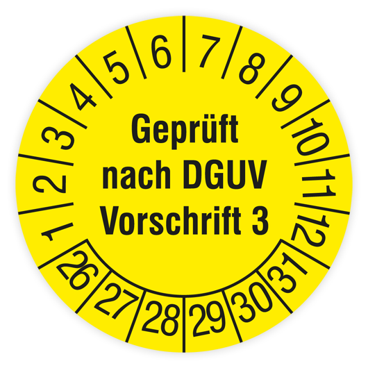 Prüfplakette, Geprüft nach DGUV Vorschrift 3, 2026, Dokumentenfolie, Ø 30 mm, Bogen