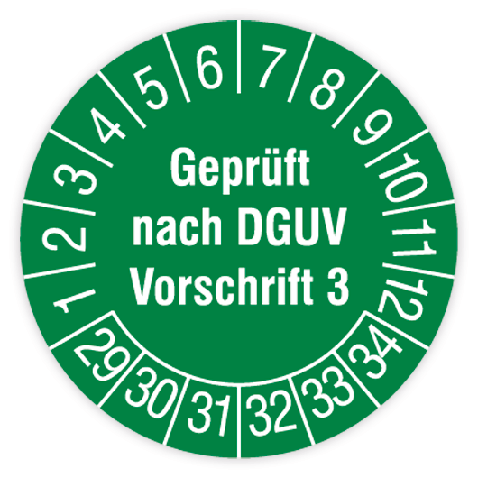 Prüfplakette, Geprüft nach DGUV Vorschrift 3, 2029 - 2034, in verschiedenen Ausführungen