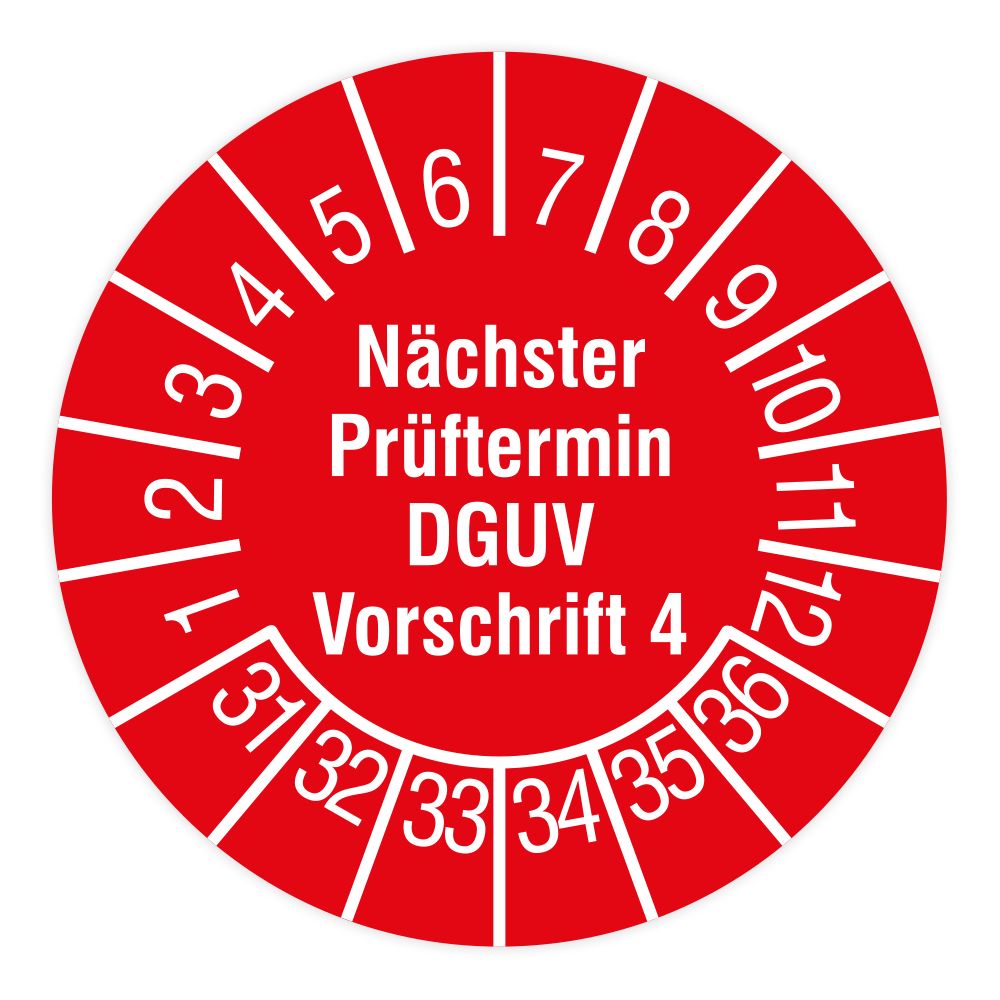 Prüfplakette, Nächster Prüftermin- DGUV Vorschrift 4, 2031 - 2036, Standardfolie, Ø 15 mm, 160/Heft