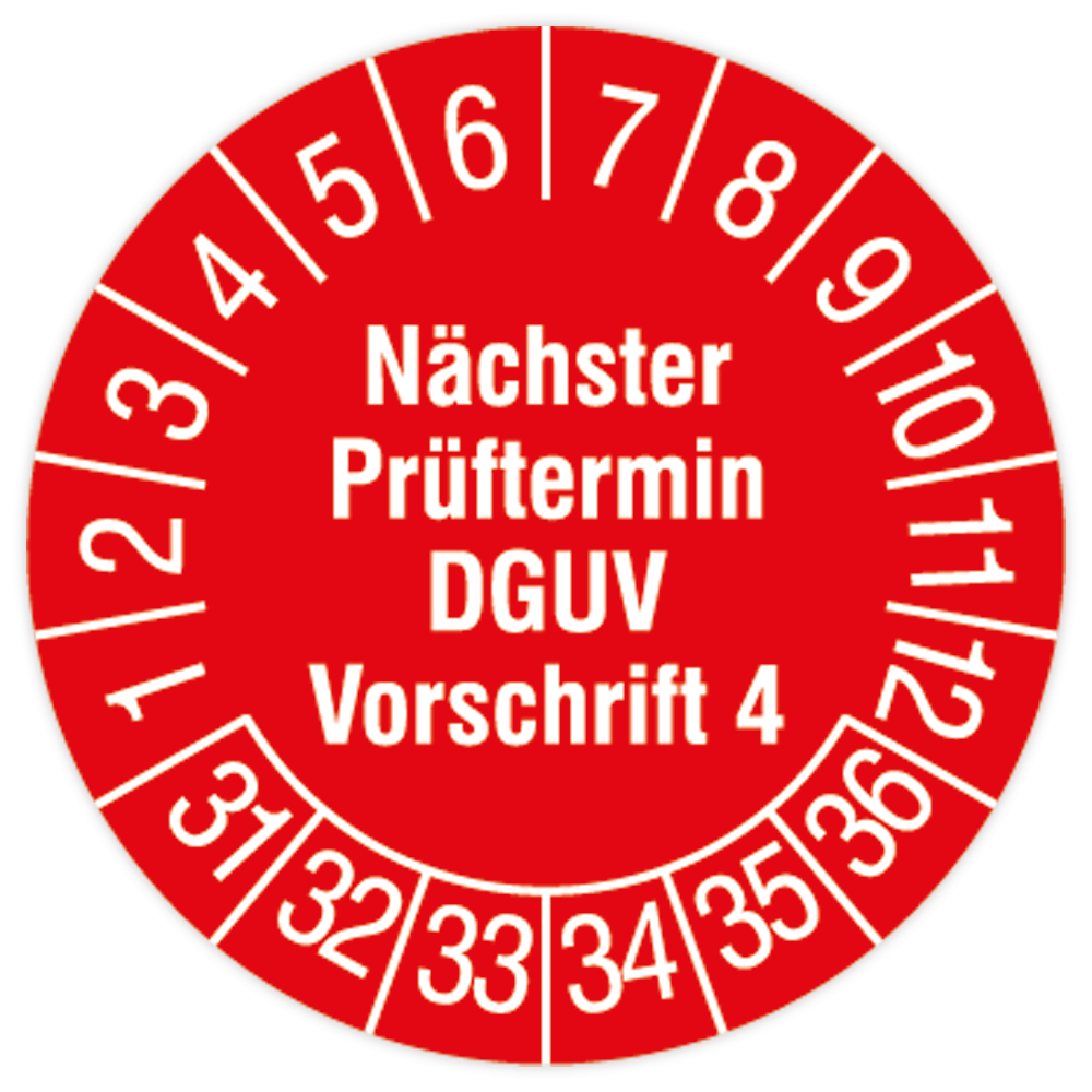 Prüfplakette, Nächster Prüftermin- DGUV V 4, 2031, Standard- /Dokumentenfolie, Ø 15 oder 30 mm