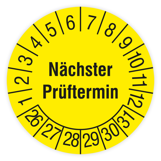 Prüfplakette, Nächster Prüftermin, 2026 - 2031, Standardfolie, Ø 15 mm, Bogen