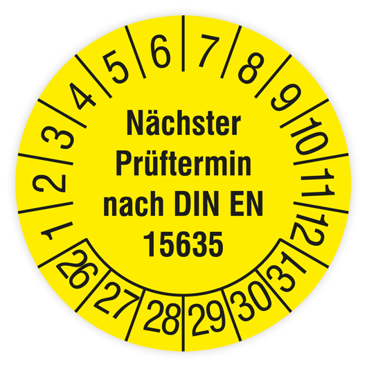 Prüfplakette, Nächster Prüftermin nach DIN EN 15635, 2026, Standardfolie, Ø 30 mm, Heft