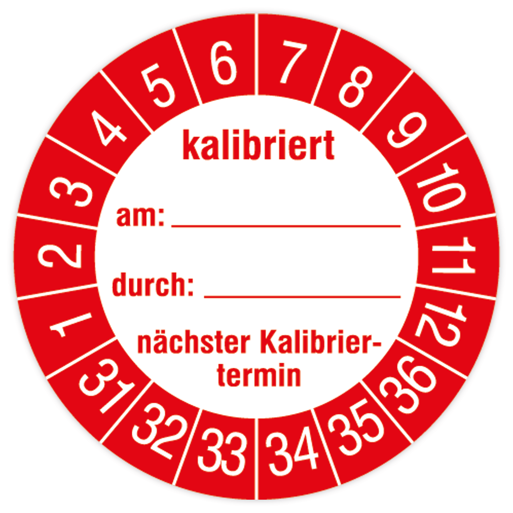 Prüfplakette, kalibriert am… durch… nächster Kalibriertermin, 2031, Dok.folie, Ø40 mm, 104/Heft