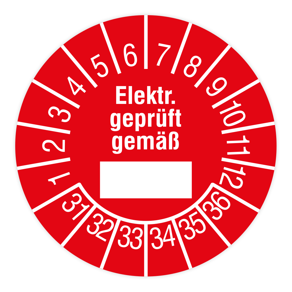 Prüfplakette, Elektr. geprüft gemäß, 2031 - 2036, Standardfolie, Ø 15 mm, 40/Bogen