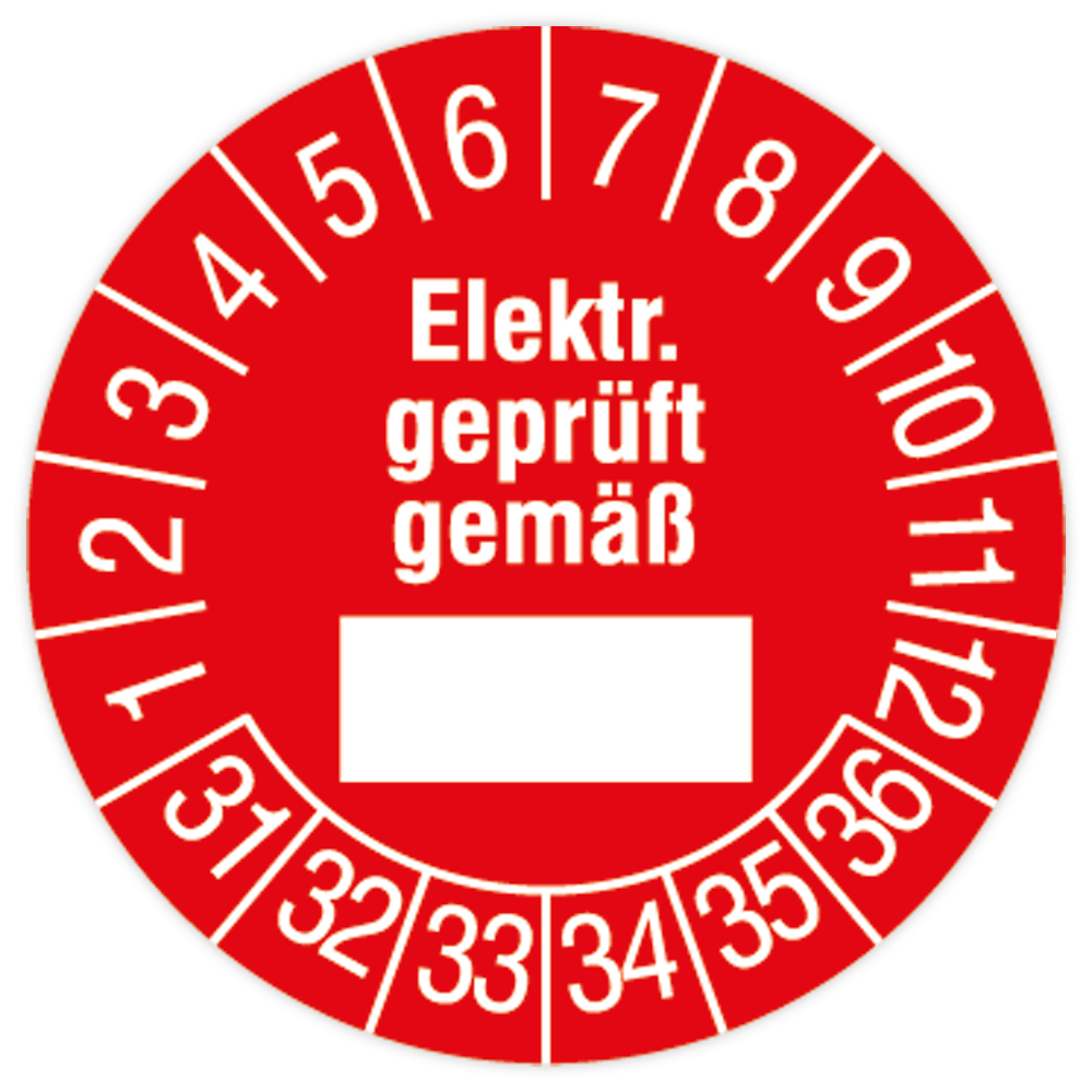 Prüfplakette, Elektr. geprüft gemäß, 2031 - 2036, Standardfolie, Ø 30 mm, 12/Bogen