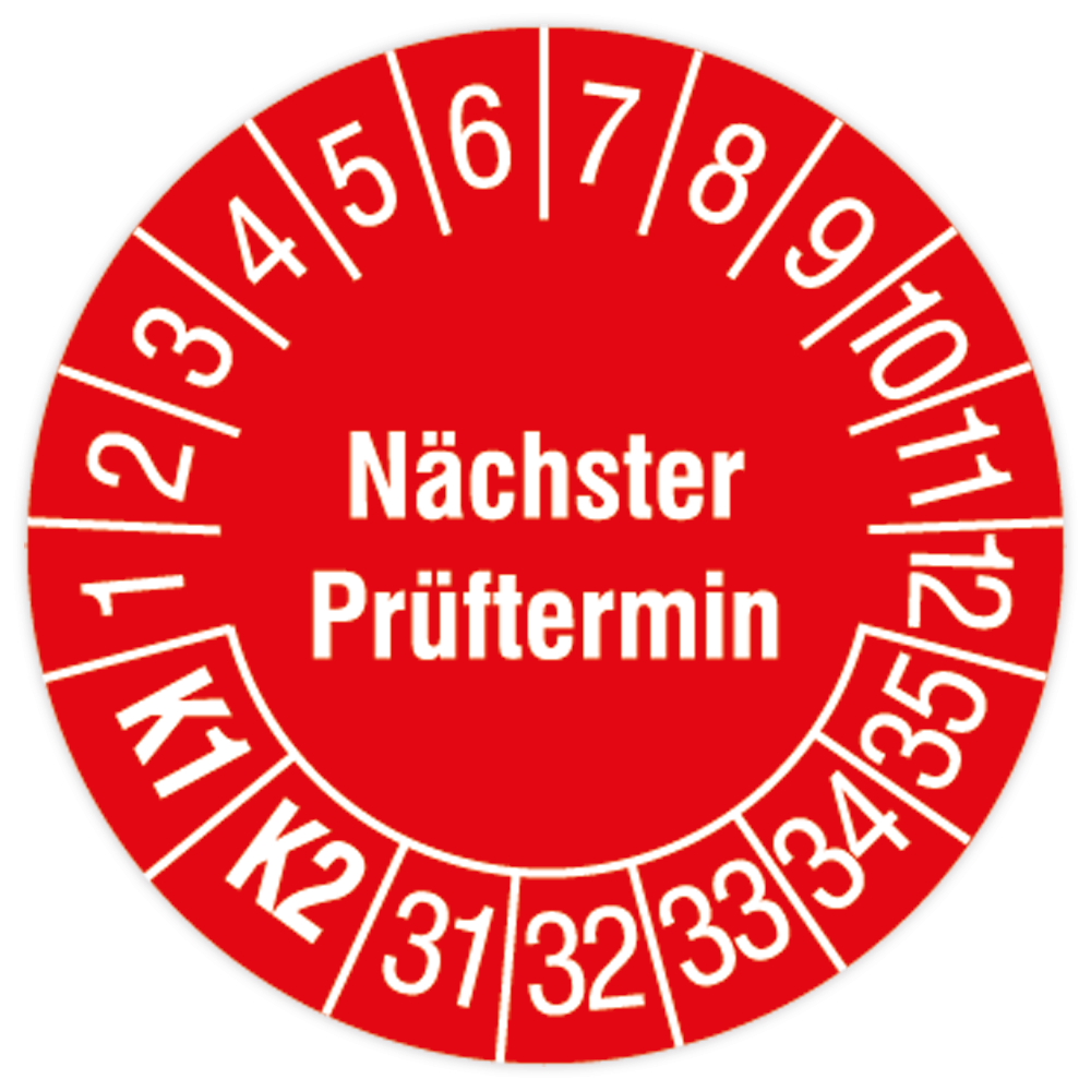 Prüfplakette, Nächster Prüftermin, K1/K2, 2031 - 2035, Standard- /Dokumentenfolie, Ø 15 oder 30 mm