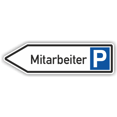 Pfeilwegweiser linksweisend, Parkplatz Mitarbeiter, Aluminium 2 mm, 1400 x 350 mm, RA1