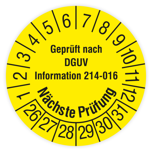 Prüfplakette, Gepr. nach DGUV Information 214-016, Nächste Prüfung, 2026, verschiedene Ausführungen
