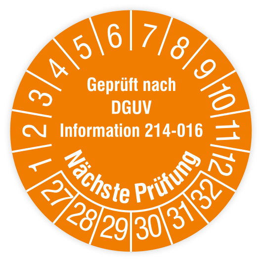 Prüfplakette, Gepr. nach DGUV Information 214-016, Nächste Prüfung, 2027, verschiedene Ausführungen
