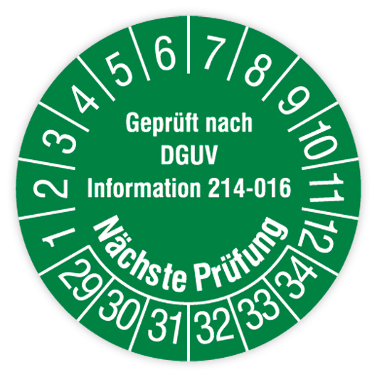 Prüfplakette, Gepr. nach DGUV Information 214-016, Nächste Prüfung, 2029, verschiedene Ausführungen