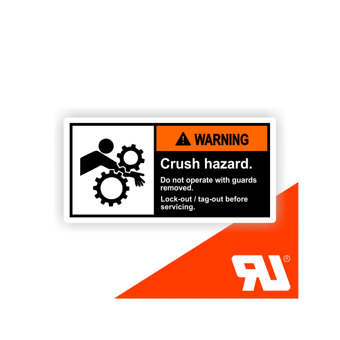 Gerätekennzeichen, Crush hazard. Lock-out/tag-out, UL-zertifiziert, nach ANSI Z535, Folie