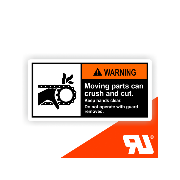 Gerätekennzeichen, Moving parts can crush, UL-zertifiziert, nach ANSI Z535, Folie