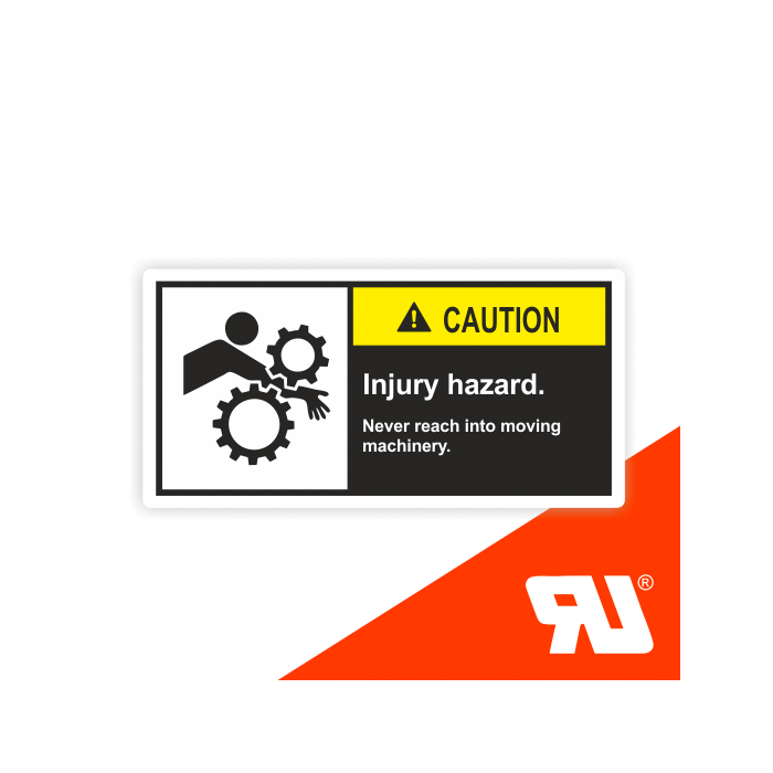 Gerätekennzeichen, Injury hazard.Never reach, UL-zertifiziert, nach ANSI Z535, Folie