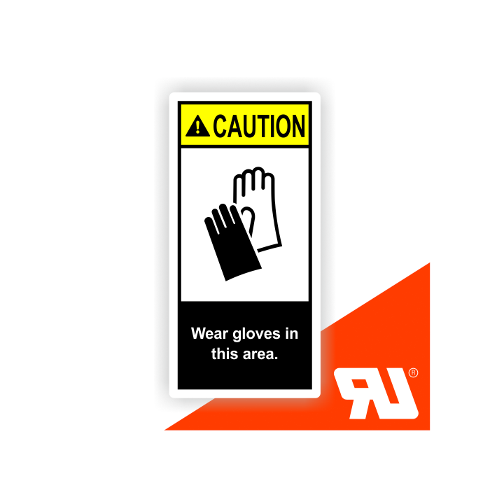 Gerätekennzeichen, Wear gloves in this area, UL-zertifiziert, nach ANSI Z535, Folie