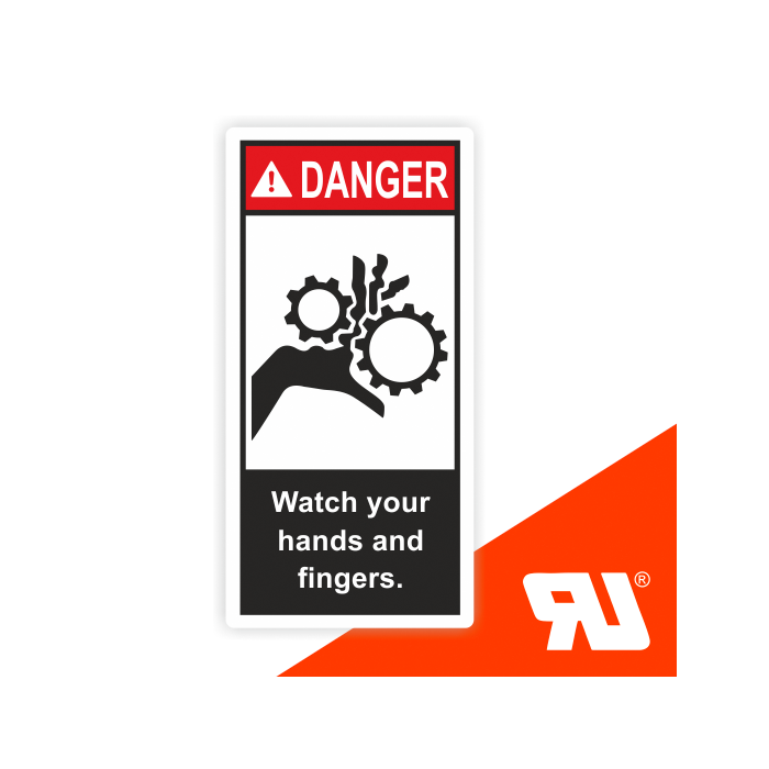 Gerätekennzeichen, Watch your hands and fingers, UL-zertifiziert, nach ANSI Z535, Folie